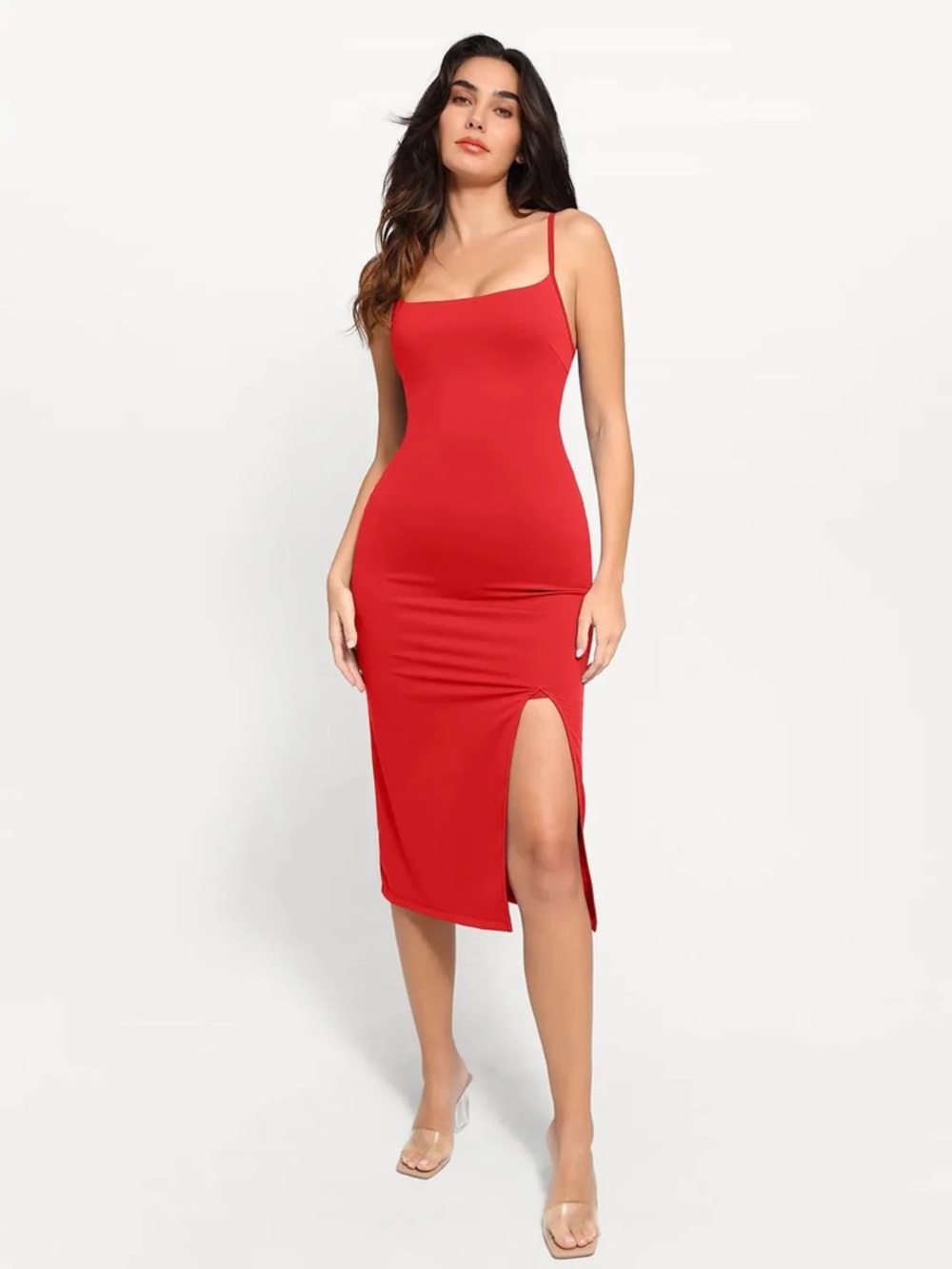 Popilush Slim Fit Red Midi Dress with Side Slit - XXL